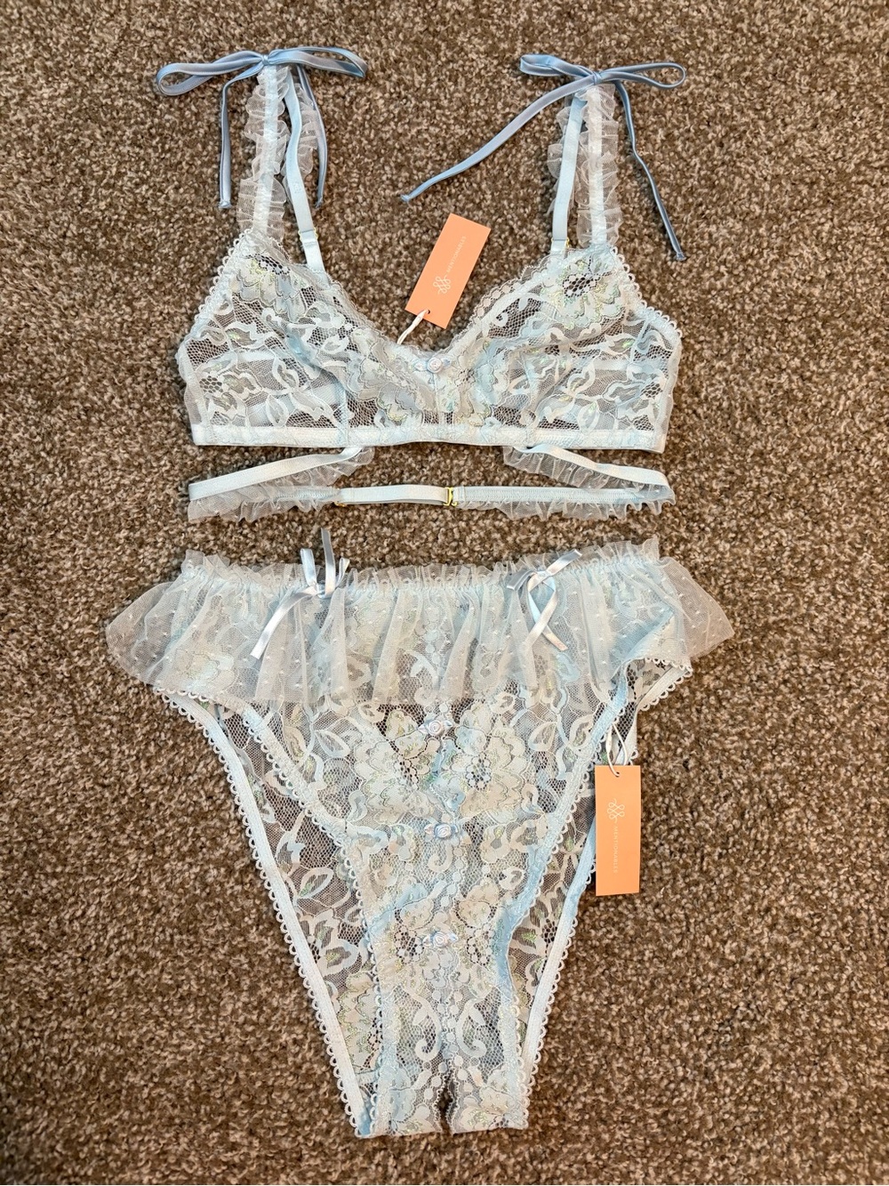 Mentionables Blue Lace Bralette & Ruffle Panty Set